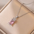 Collana con ciondolo a fiore in zircone rosa e cristallo rettangolare in acciaio argento - Collana di Fiori Rosa Color Acciaio (X2232)