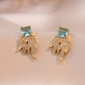Luxe gold-plated drop earrings featuring square blue gemstones and zircon wing accents - Colorful Flame Earrings (E526)
