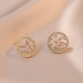 Golden round stud earrings with baguette-cut zircon geometric design on champagne silk - Colorful Zircon Geometric Earrings (E524) / Gold