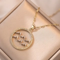 Golden Aquarius zodiac pendant necklace with colorful zircon inlay on silk background - Colorful Zircon Geometric Necklace (X2251) / Gold