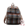 Karierter Wollrucksack mit braunen Lederriemen und rosa Monster-Plüschanhänger-Accessoire - Ohne Anhänger / Blau