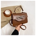 Brown PU leather crossbody bag with sparkling rhinestone bow and wavy flap design - Brown