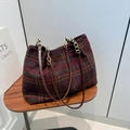 Bolso tote retro de lana a cuadros con asas de cuero y cadena dorada de otoño - Rojo
