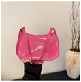 Detail of fuchsia patent leather baguette bag featuring a high-gloss finish and slim strap - Rose Red