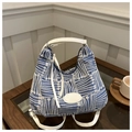 Blue and white plaid canvas tote bag with leather handles and long adjustable shoulder strap - No Pendant / Blue