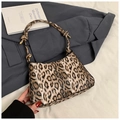 Leopard print underarm bag with unique knotted strap and stylish gold metal hardware - Khaki