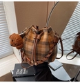 Brown plaid drawstring bucket bag with woven strap and cute teddy bear charm - Brown Plaid With Pendant