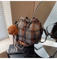 Plaid drawstring bucket bag in blue and brown with a cute teddy charm and woven strap - Blue Plaid With Pendant