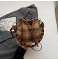 Brown plaid drawstring bucket bag with woven handle and vintage style shoulder strap - Brown Plaid