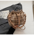 Brown plaid drawstring bucket bag with leather woven handle and wool texture - Khaki Plaid