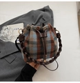 Retro plaid drawstring bucket bag with blue and brown tweed and woven leather handle - Blue Plaid
