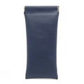Detail of navy blue PU leather glasses pouch featuring a secure metal squeeze closure - Dark Blue