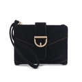 Close-up of black suede wallet featuring V-shaped stitching and golden D-ring buckle - Black