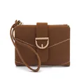Detailed view of brown PU leather mini wallet with V-shaped stitching and gold D-ring buckle - Coffee