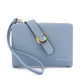 Close-up of light blue folding wallet with textured surface and gold C-shaped metal buckle - Blue