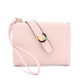 Detail of pink textured leather wallet with metal C buckle and Prettyzys brand logo - Pink
