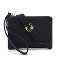 Close-up of black textured leather wallet with golden logo and enamel decorative buckle - Black