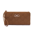 Brown quilted long wallet for women with gold geometric buckle and wrist strap - Brown
