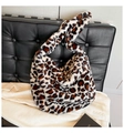 Detailed view of the soft faux fur texture and leopard print on the winter tote bag - Khaki