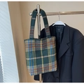 Dunkelgrüne Retro-Einkaufstasche aus Wolle mit gelben Streifen im Karomuster - Ohne Anhänger / Grün