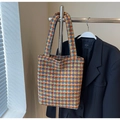 Vertikale Shopper Tasche mit Hahnentrittmuster in Gelb und Blau mit Schultergurt - Ohne Anhänger / Braun