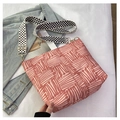 Pink canvas tote bag with red stripes and geometric checkerboard strap detail shot - Red
