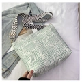 Detail of mint green canvas tote bag with clover pattern wide shoulder strap - Green