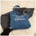 Blue denim tote bag detail with Catch The Good Things text and colorful charms - Light Blue