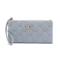 Close-up of light blue long wallet featuring hexagonal quilting and golden metal clasp - Gray Blue