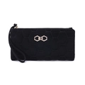 Detail of black quilted long wallet with golden bow buckle and wrist strap - Black