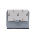 Close-up of small blue and beige bi-color wallet with leaf print and leather texture - Blue