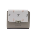 Close-up of floral print short wallet with pebble grain leather and leaf metal clasp - Green