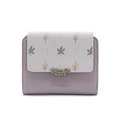 Short PU leather wallet with lavender and beige patchwork and leaf print - Gray