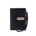 Black pebbled leather women's wallet with gold metal plate and detachable wrist strap - Black