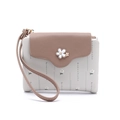 Detail of PU leather wallet with floral metal clasp and printed brand lettering - Gray
