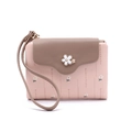 Detailed view of floral PU leather short wallet with Prettyzys logo and zip closure - Pink
