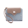 Detail of blue and brown faux leather wallet with daisy hardware and floral print - Sky Blue