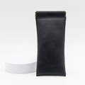 Portable black leather sunglasses pouch with squeeze metal spring closure and metal hook - Solid Black