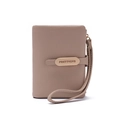 Short PU leather wallet with wrist strap and litchi texture in lotus root pink color - Khaki