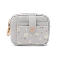 Close-up of small grey faux leather wallet with floral prints and rose gold snap button - Gray