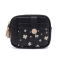 Detail of floral mini wallet featuring card slots and leaf logo metal buckle - Black