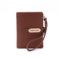 Women's dark brown PU leather short wallet with wristlet and golden metal plate - Brown