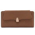 Caramel brown quilted faux leather long wallet with golden rose buckle and logo stitching - Long Style / Coffee