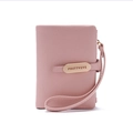 Dusty rose PU leather wallet with litchi texture, metal logo plate and wrist strap - Pink