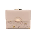 Short PU leather wallet for women with forest print and gold leaf buckle in pink - Apricot