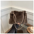 Close-up of soft brown plush faux fur tote bag with thin PU shoulder straps - Brown