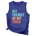 Detail of blue sleeveless vest featuring colorful vintage 'Not Friendly' slogan print - Vintage Blue