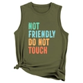 Detail of army green sleeveless top with Not Friendly Do Not Touch print and hem knot - Army Green