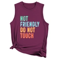 Detail of burgundy tank top with Not Friendly Do Not Touch print and side knot - Fuschia