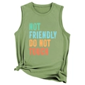 Detail of army green tank top with Not Friendly Do Not Touch print and side knot - Olive Green